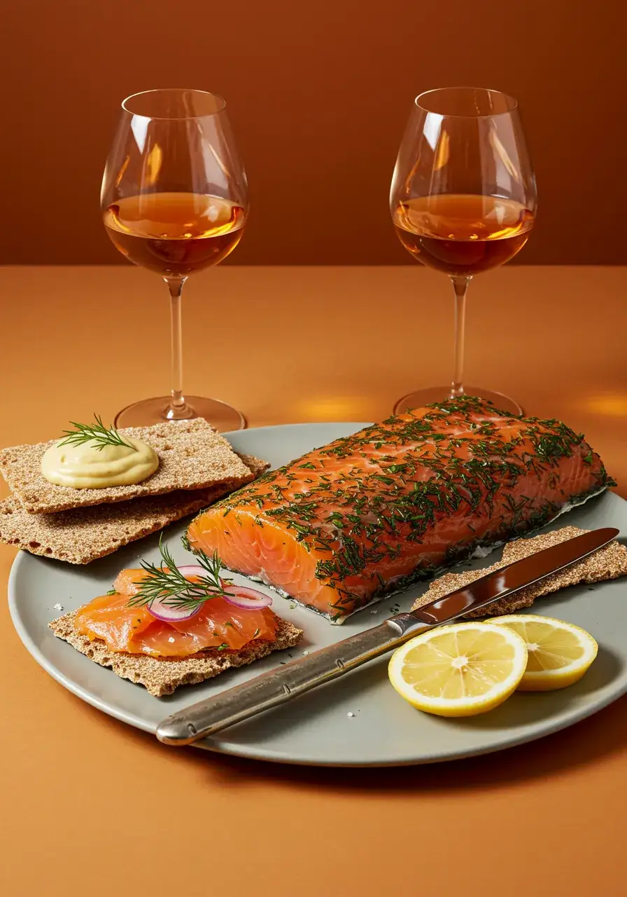 A cool and light serving of gravad lax, served with a side of dill and a tangy mustard sauce.