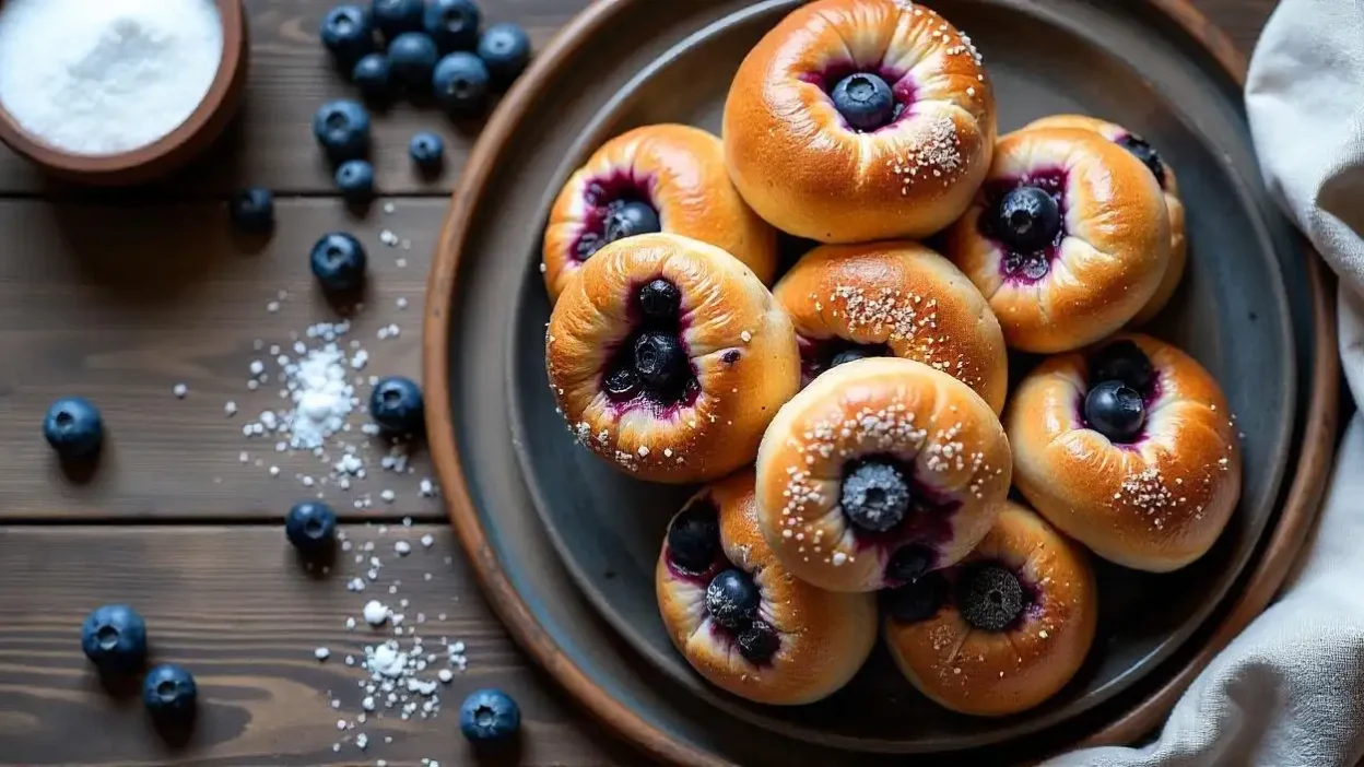 Top view of golden sourdough Finnish blueberry buns (Mustikkapiiraat) with blueberry filling and pearl sugar on a rustic table, styled with fresh berries and linen for a Nordic bakery look.