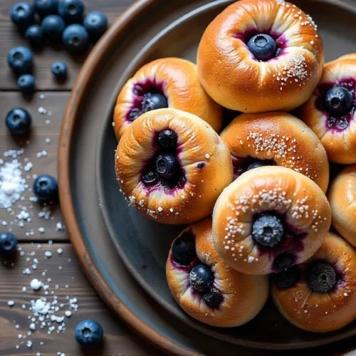 Top view of golden sourdough Finnish blueberry buns (Mustikkapiiraat) with blueberry filling and pearl sugar on a rustic table, styled with fresh berries and linen for a Nordic bakery look.