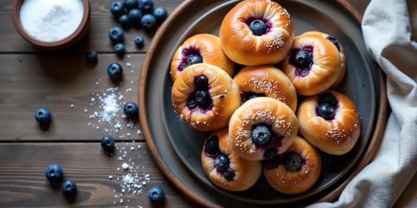 Top view of golden sourdough Finnish blueberry buns (Mustikkapiiraat) with blueberry filling and pearl sugar on a rustic table, styled with fresh berries and linen for a Nordic bakery look.