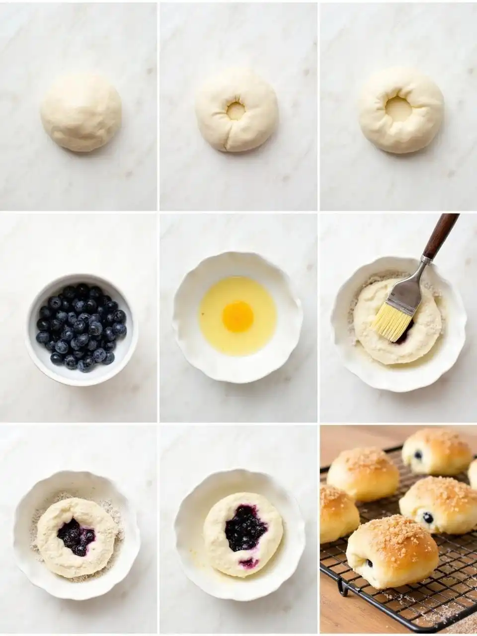 Step-by-step process of making sourdough Finnish blueberry buns (Mustikkapiiraat), from shaping dough to filling with blueberries and baking, shown in clear overhead photos with a Nordic home bakery vibe.