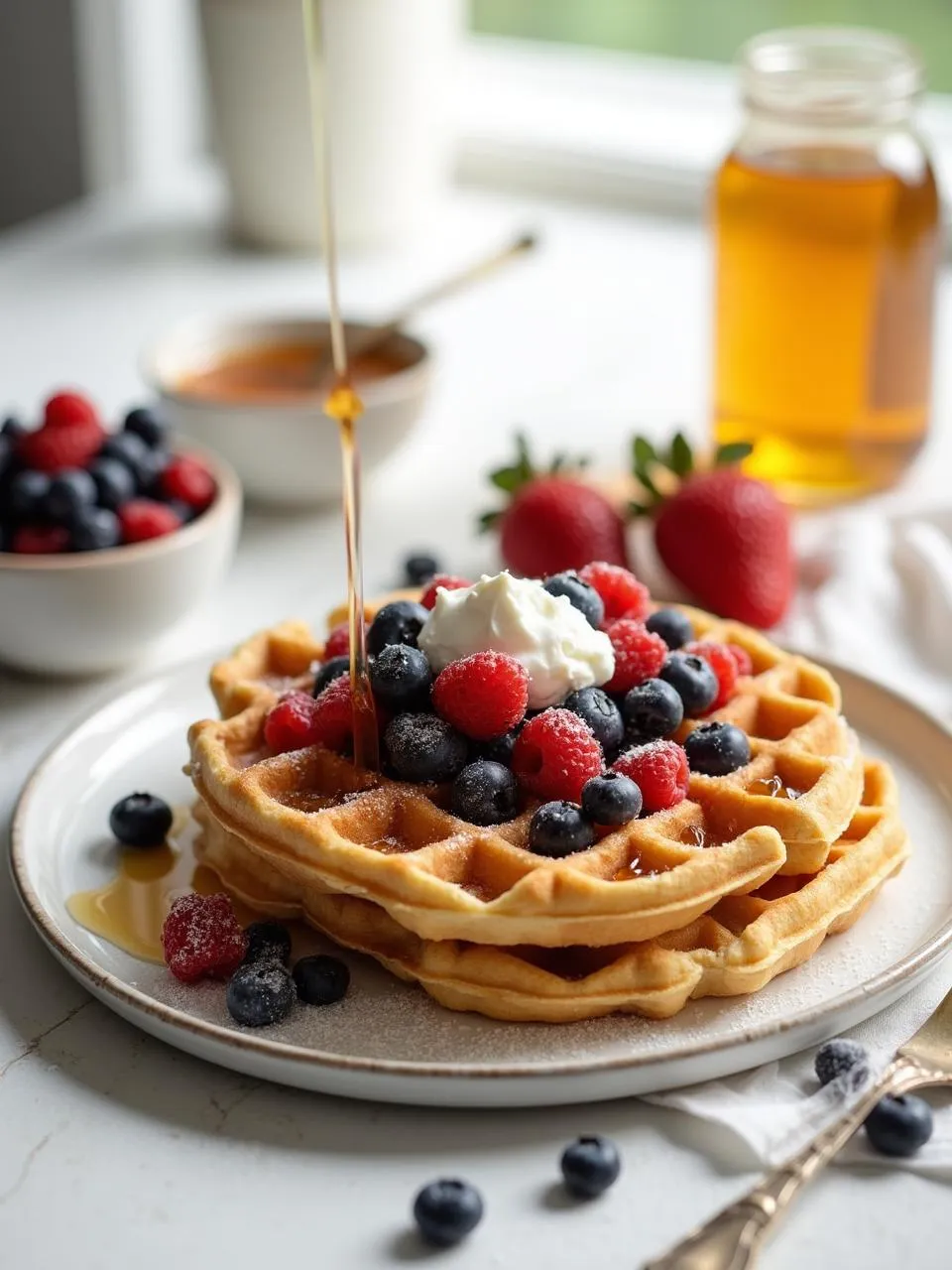 Sourdough waffles topped with fresh mixed berries, maple syrup, and whipped cream, styled with a light and fresh aesthetic.