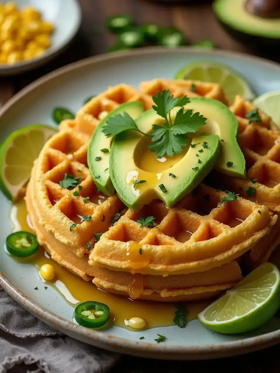 Cornmeal waffles with jalapeños and corn, topped with avocado, hot honey, and cilantro, served with lime wedges for a savory twist.