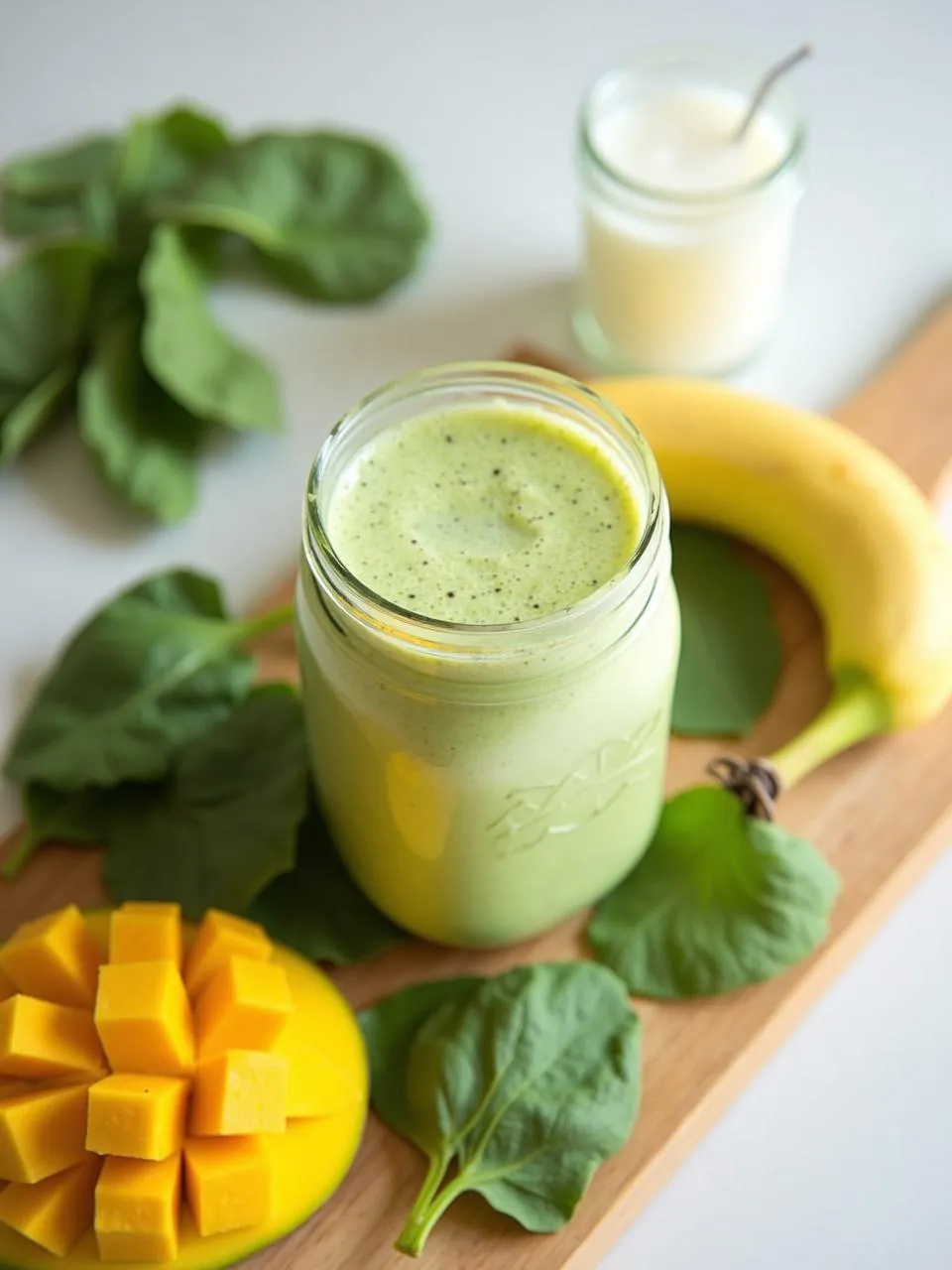 Glass of spinach mango smoothie surrounded by spinach leaves, mango, banana, and coconut water on a light background.