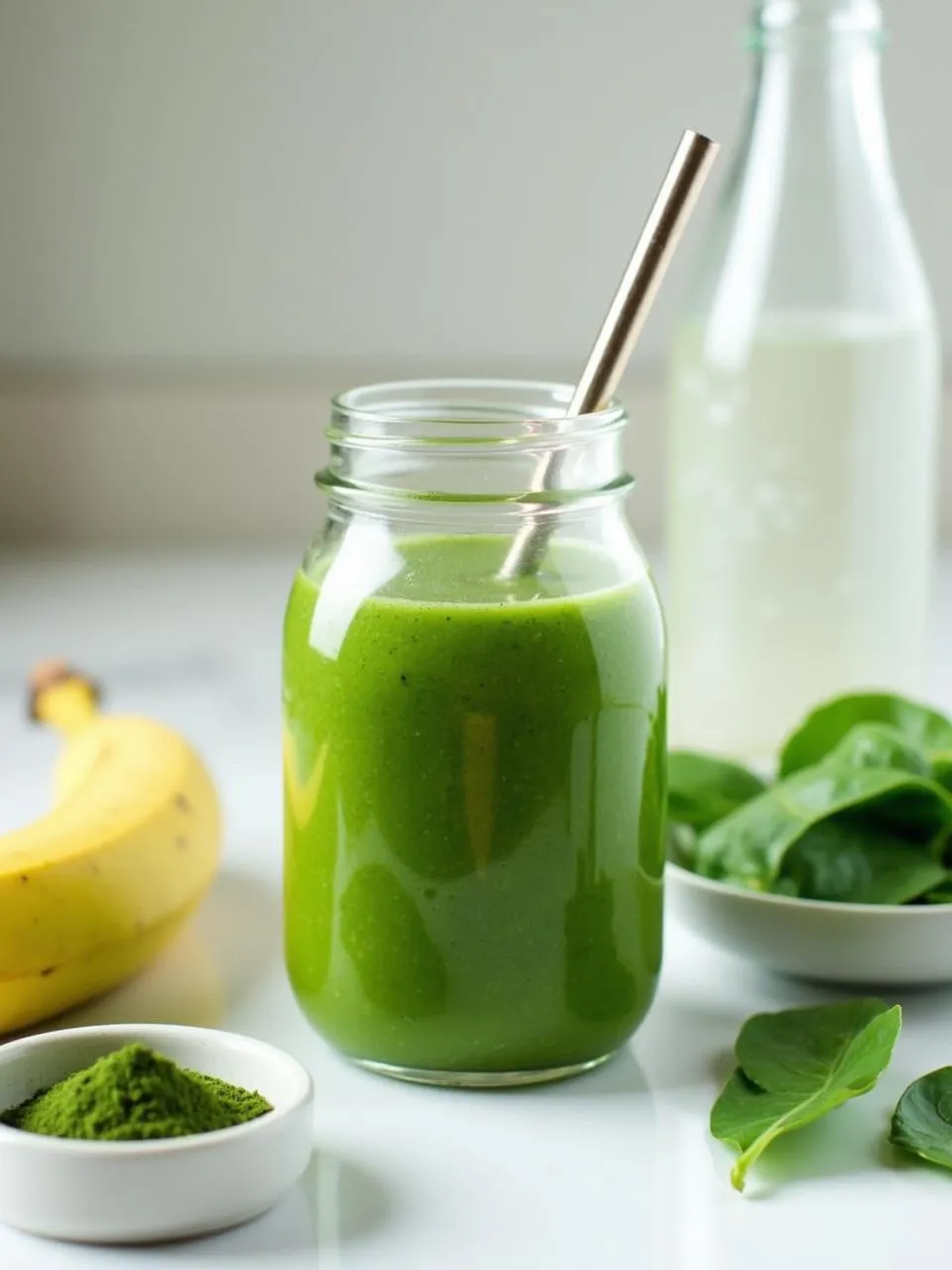 Bright green spirulina smoothie with ingredients like banana, spinach, spirulina powder, and coconut water displayed around it.