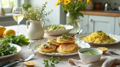 Spring-inspired meal spread with colorful seasonal dishes like salad, pancakes, soup, and pasta, arranged on a bright, fresh table.