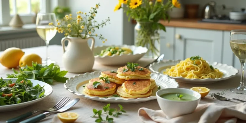 Spring-inspired meal spread with colorful seasonal dishes like salad, pancakes, soup, and pasta, arranged on a bright, fresh table.