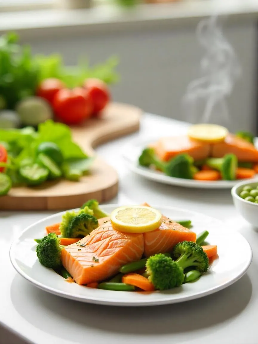 Assorted steamed dishes including vegetables, salmon, and edamame with light steam rising in a bright kitchen setting. 