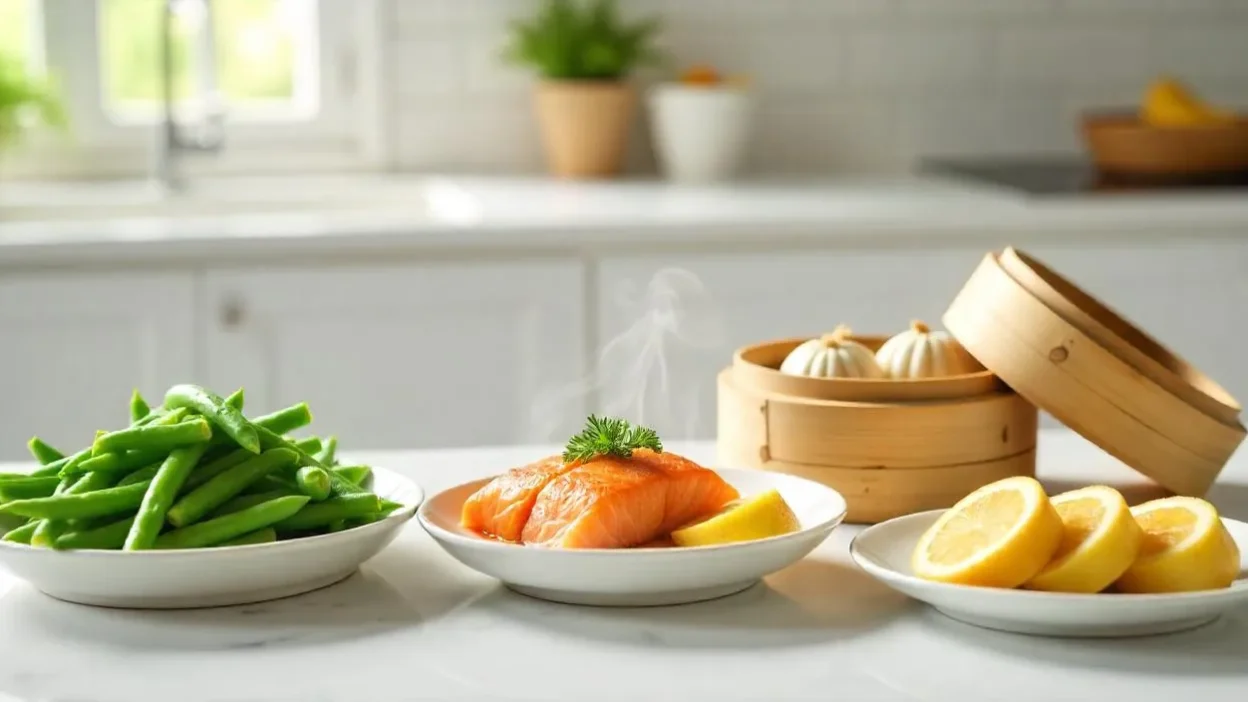 Assorted steamed dishes including vegetables, salmon, dumplings, and banana bread on a bright kitchen counter.
