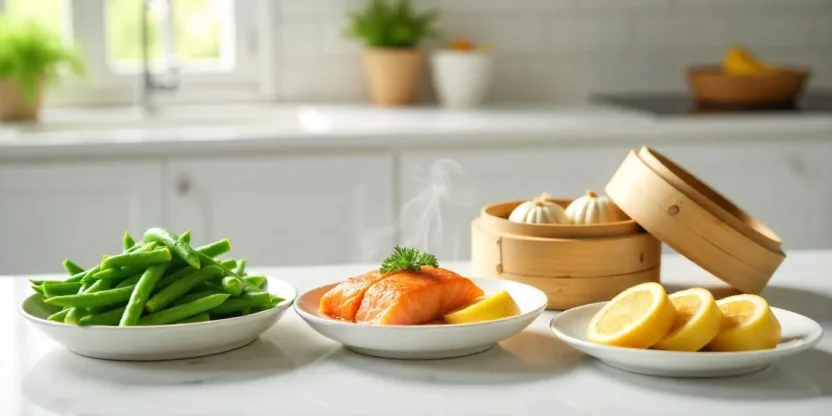 Assorted steamed dishes including vegetables, salmon, dumplings, and banana bread on a bright kitchen counter.