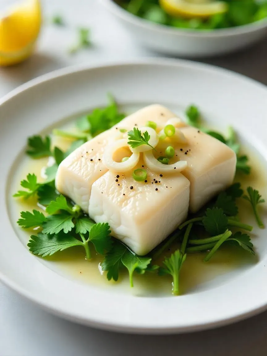 Steamed white fish fillet served on a bed of fresh herbs with lemon slices and ginger, gently steaming on a white plate. 
