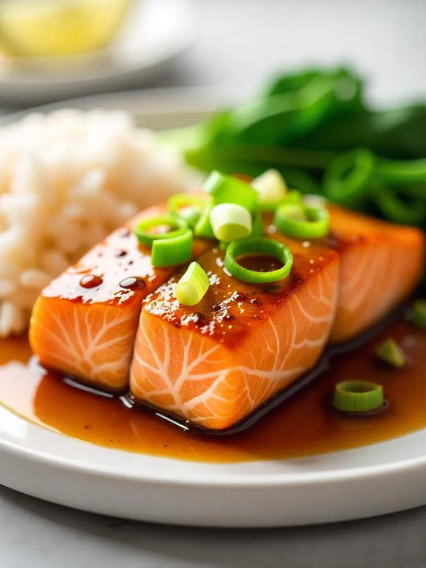 Steamed salmon fillet with mirin and soy glaze, topped with ginger and green onions, served with rice and bok choy. 
