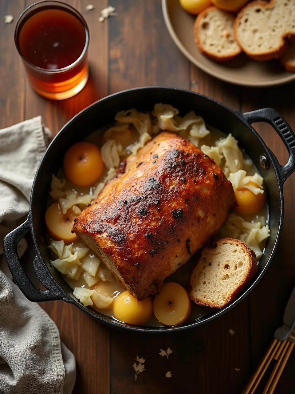 Juicy pork roast with tangy sauerkraut and apples, rustic holiday meal