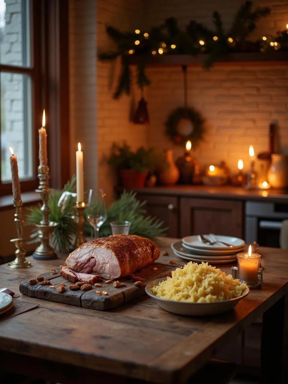 Festive plate of Latvian roast pork and cabbage with winter decor
