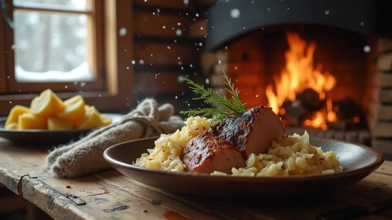 Roast pork with sauerkraut and potatoes, traditional Latvian Christmas dish