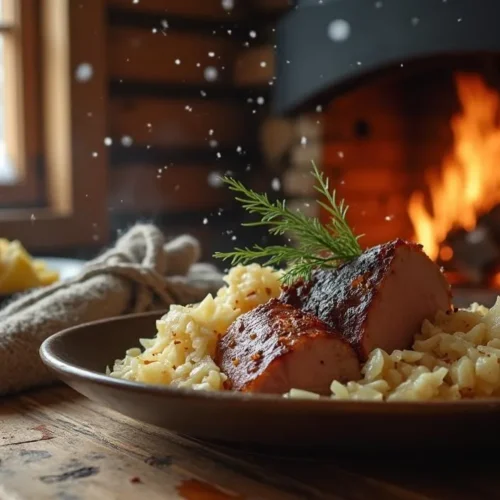 Roast pork with sauerkraut and potatoes, traditional Latvian Christmas dish