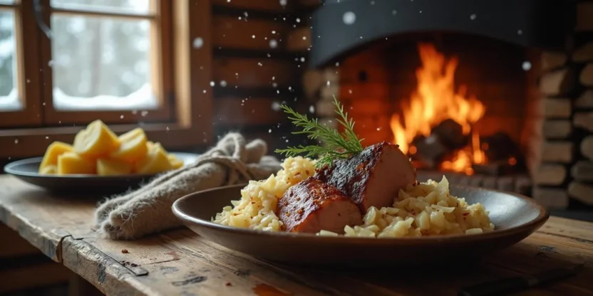 Roast pork with sauerkraut and potatoes, traditional Latvian Christmas dish
