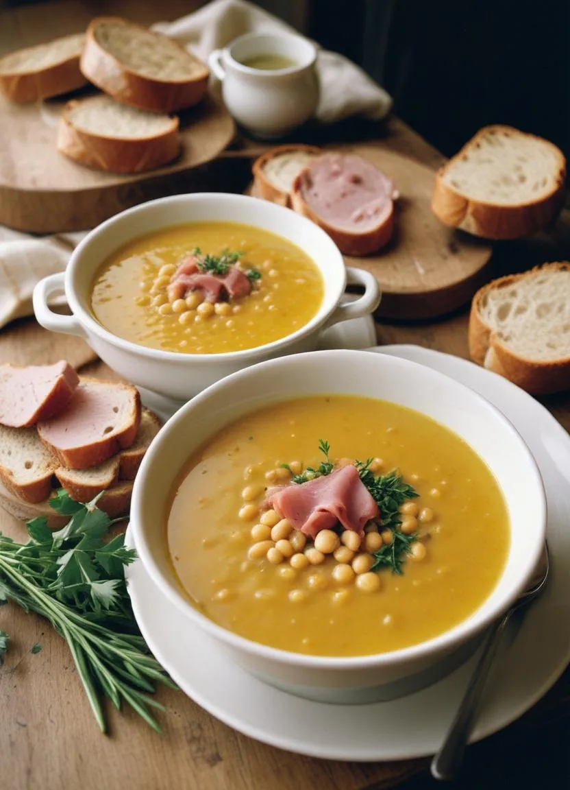 A hearty bowl of Swedish ärtsoppa, yellow peas, smoked pork, and herbs, accompanied by a slice of bread for a cozy meal.