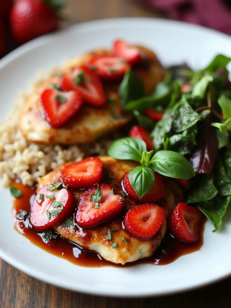 Grilled chicken breast topped with strawberry balsamic glaze and sliced strawberries, served with fresh basil and a side of salad or rice.