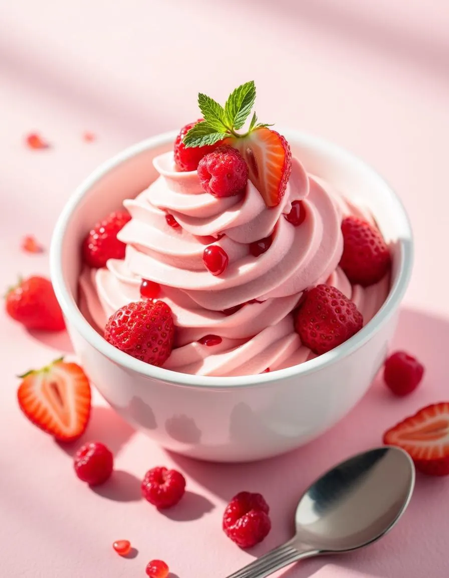 Strawberry frozen yogurt topped with fresh strawberries and mint on a pastel background. 