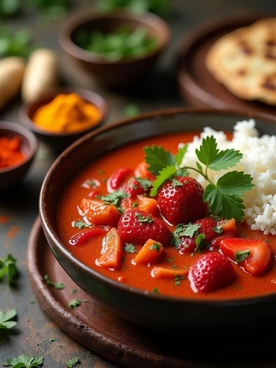 A bowl of strawberry curry with fresh herbs, served alongside jasmine rice and surrounded by curry spices and fresh strawberries on a rustic table.