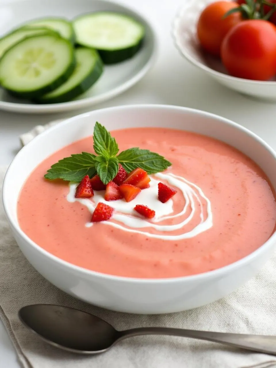 Chilled Strawberry Gazpacho with Mint and Yogurt Swirl