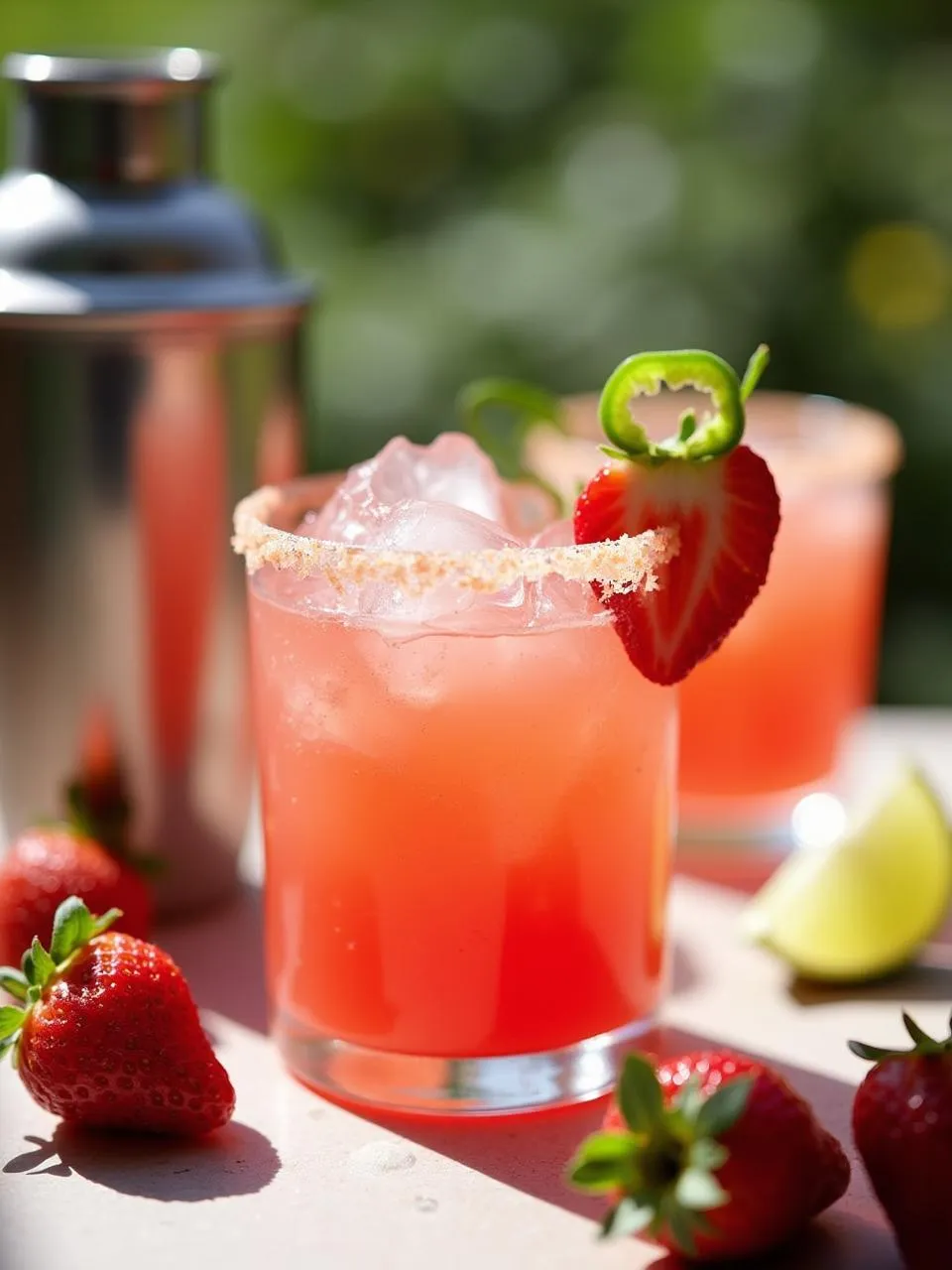 A glass of strawberry jalapeño margarita over ice with a salted rim, garnished with a strawberry and jalapeño slice, surrounded by lime wedges and fresh berries.