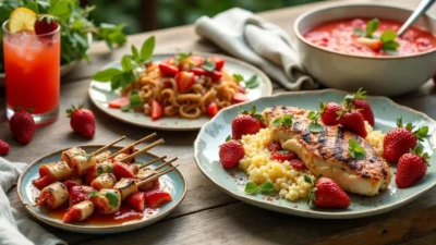 A colorful selection of gourmet strawberry-based dishes on a rustic wooden table, including savory meals, salads, and drinks with fresh strawberries and herbs.