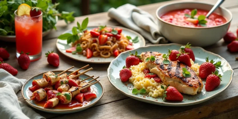 A colorful selection of gourmet strawberry-based dishes on a rustic wooden table, including savory meals, salads, and drinks with fresh strawberries and herbs.