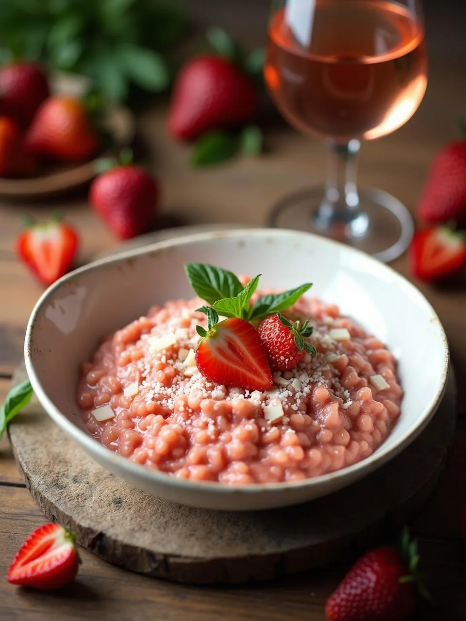 A creamy strawberry risotto served on a white plate, garnished with fresh strawberries and herbs for a unique blend of sweet and savory flavors