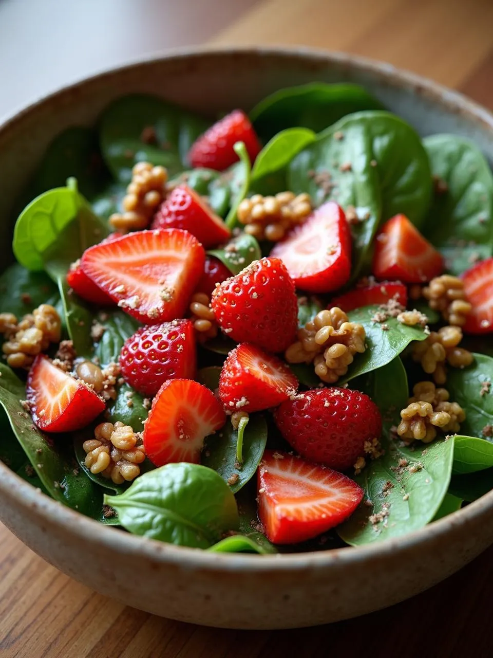 A colorful salad bowl with fresh spinach, ripe strawberries, crunchy walnuts, and a balsamic vinaigrette drizzle, showcasing a healthy and refreshing dish.