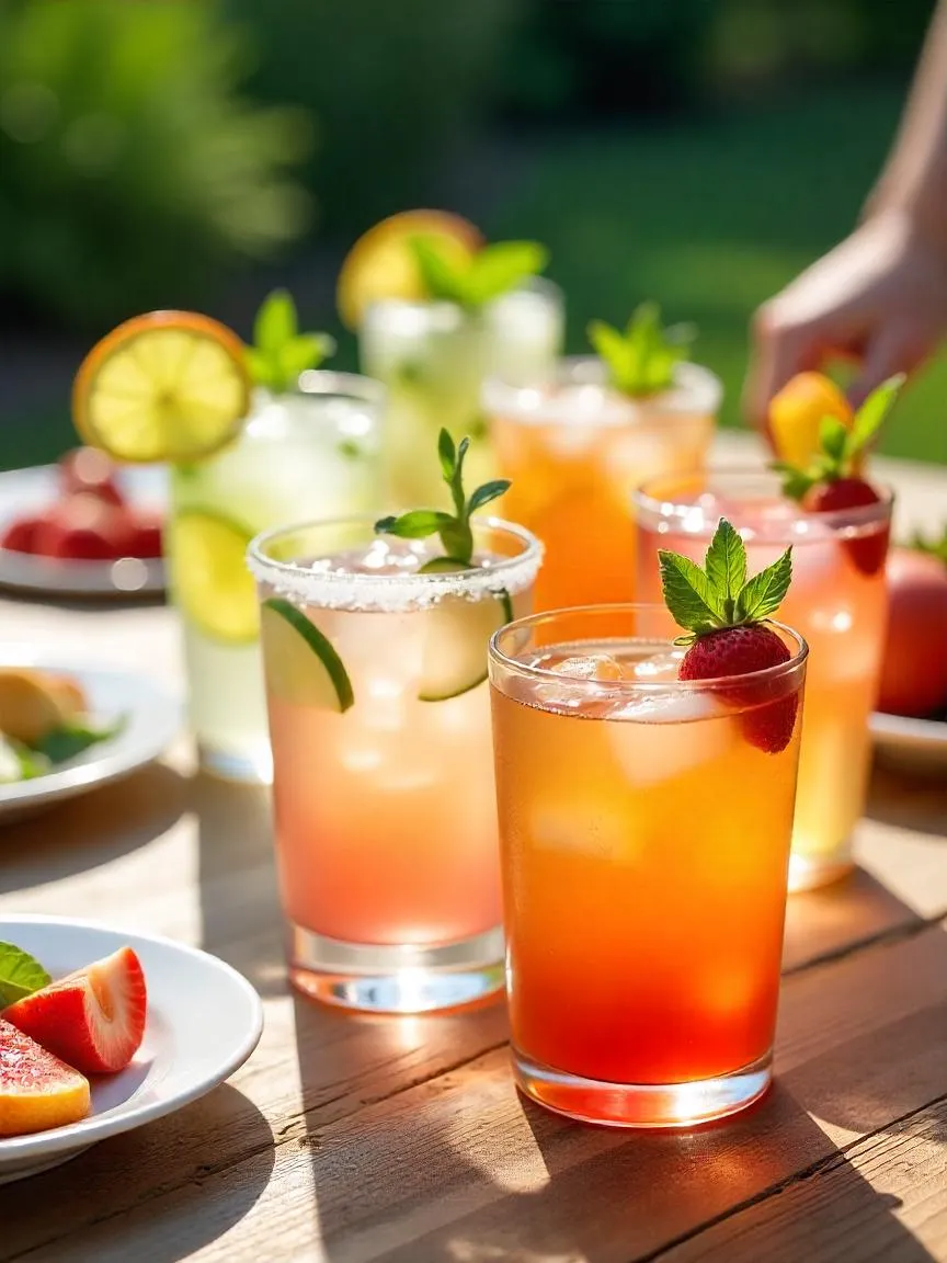A selection of summer drinks paired with fresh ingredients like citrus fruits, berries, mint, and ice, displayed on a bright outdoor table setting