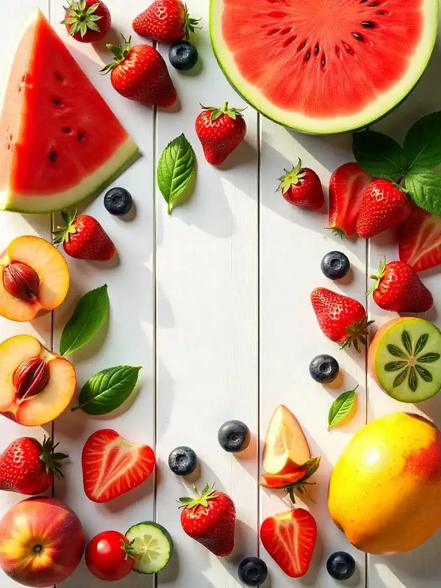 A flat lay of fresh summer ingredients including colorful fruits, vegetables, leafy greens, and herbs arranged on a light surface for a healthy meal prep scene