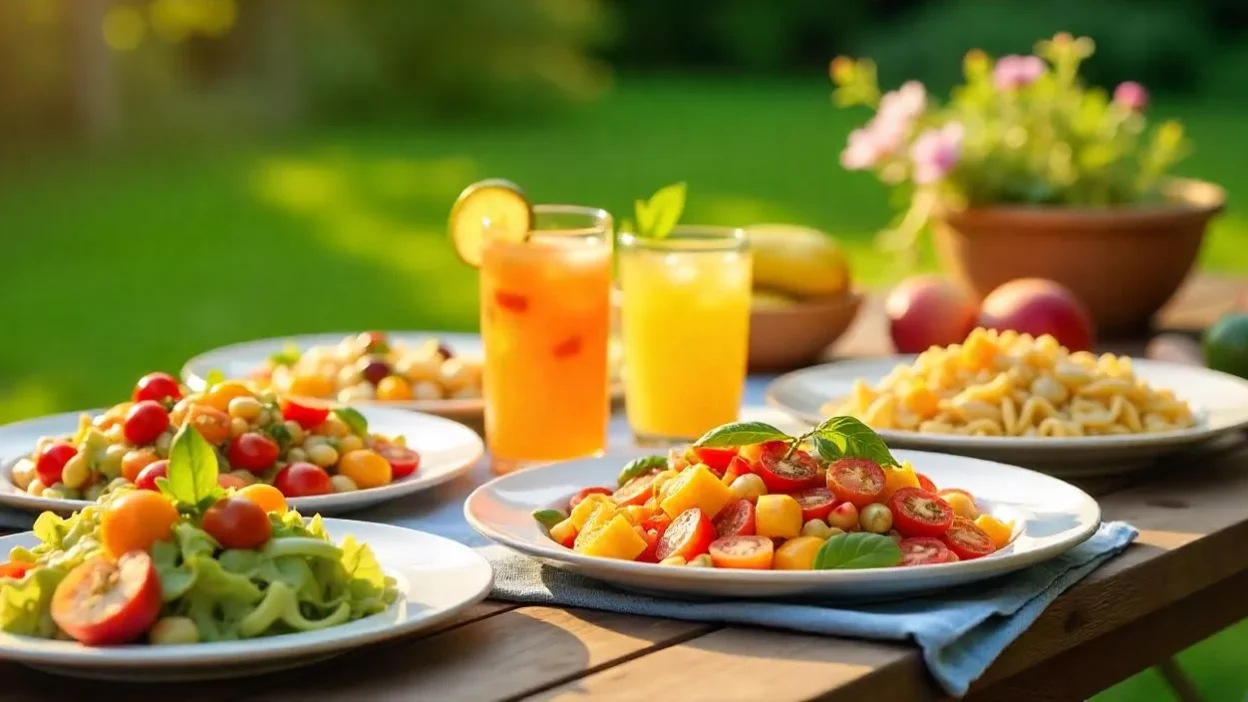 A rustic summer picnic table set outdoors with five colorful dishes, including grilled peach salad, tomato basil pasta, mango salsa, and sparkling fruit drinks.