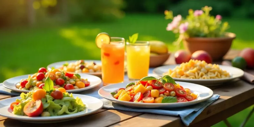 A rustic summer picnic table set outdoors with five colorful dishes, including grilled peach salad, tomato basil pasta, mango salsa, and sparkling fruit drinks.
