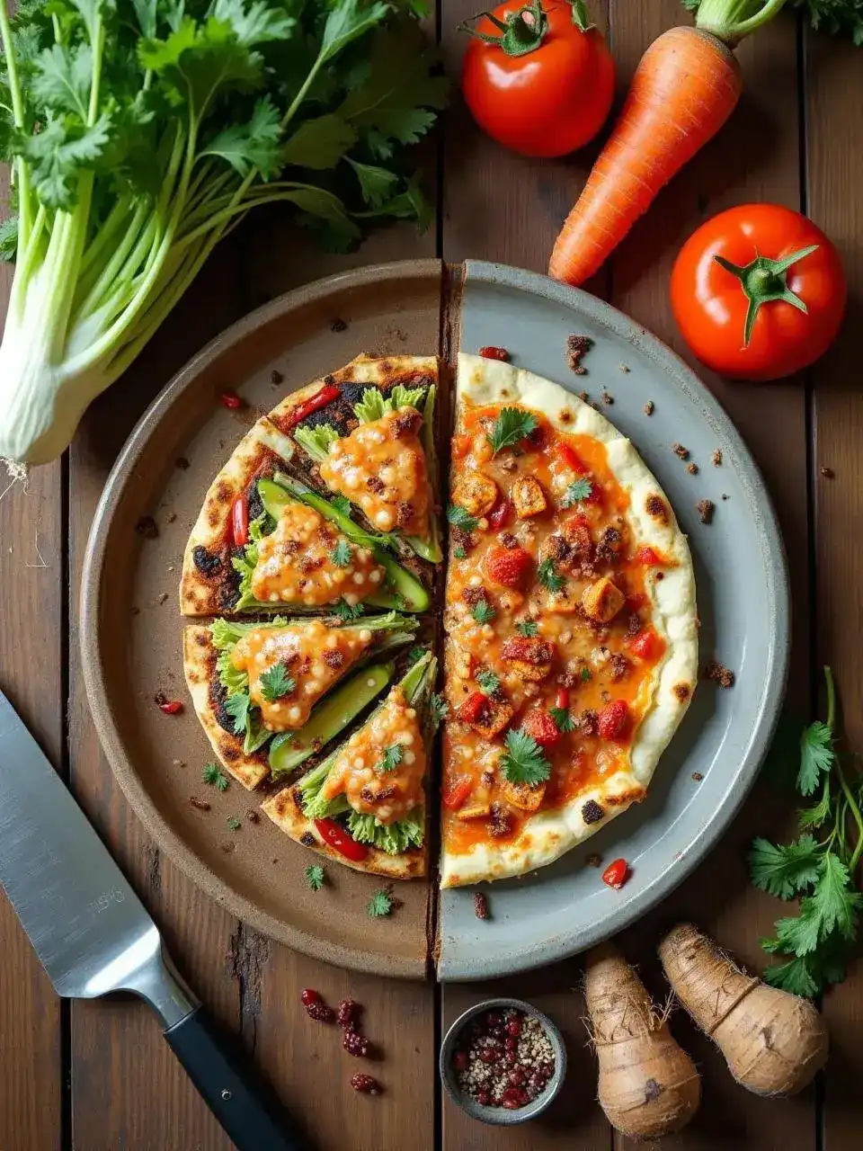 Three elegantly plated sustainable fusion dishes on a light tabletop: a grilled fish fillet with baby corn and lotus root chips, a mixed grain salad with greens and vegetables, and a side bowl of vibrant vegetable medley, all garnished with fresh herbs.