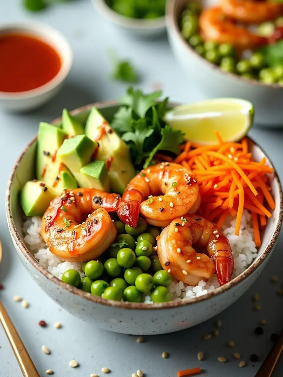 Poke bowl with sweet chili-glazed shrimp, avocado, cucumber, carrots, edamame, sesame seeds, and cilantro over sushi rice, styled with tropical accents.