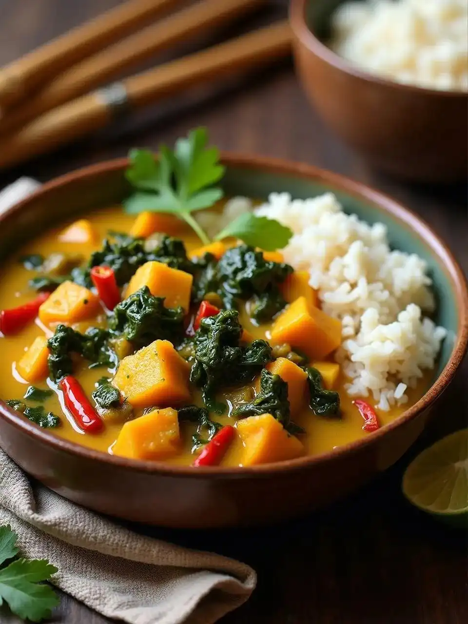 Vegan sweet potato curry with coconut milk, spinach, and chili, served with jasmine rice and garnished with cilantro and lime.
