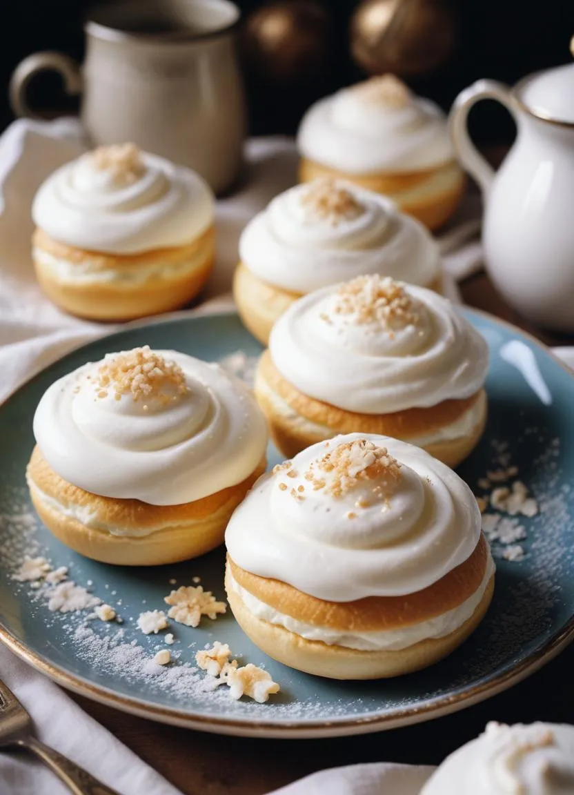 Close-up of a freshly made semla, a Swedish winter treat, featuring a fluffy cardamom bun, creamy almond paste, and a generous topping of whipped cream.