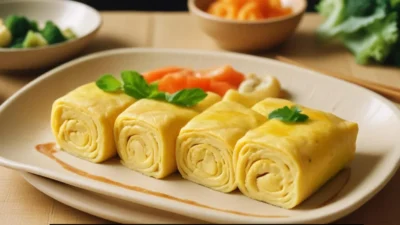 Traditional Japanese egg roll tamagoyaki cut into bite-sized pieces, presented with steamed rice and fresh vegetable accents.