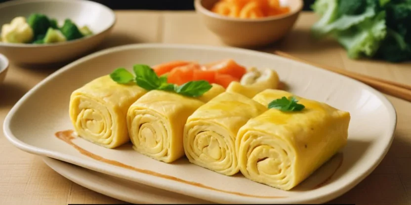 Traditional Japanese egg roll tamagoyaki cut into bite-sized pieces, presented with steamed rice and fresh vegetable accents.