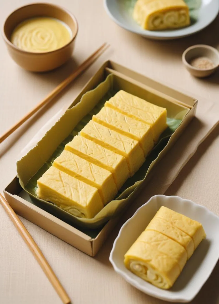 Close-up of golden layered tamagoyaki slices arranged on a white dish, accompanied by dipping sauce and colorful vegetable garnish.