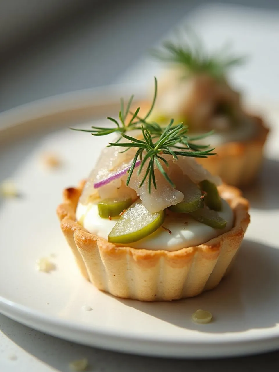 Close-up of a Nordic tartlet with pickled herring, apple, onion, and horseradish cream, styled on a white plate in minimalist Scandinavian style.
