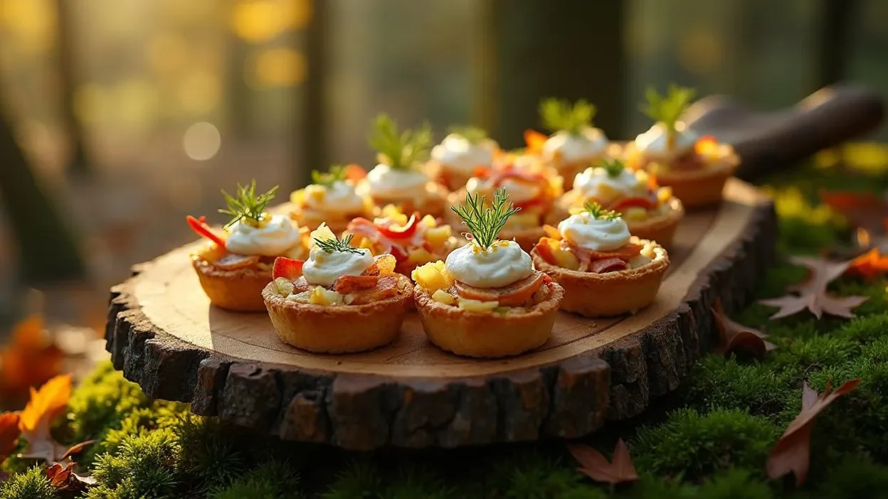A cozy Norwegian appetizer spread featuring tartlets with pickled herring, apple, and horseradish cream, served on a slate tray with candles and aquavit glasses.