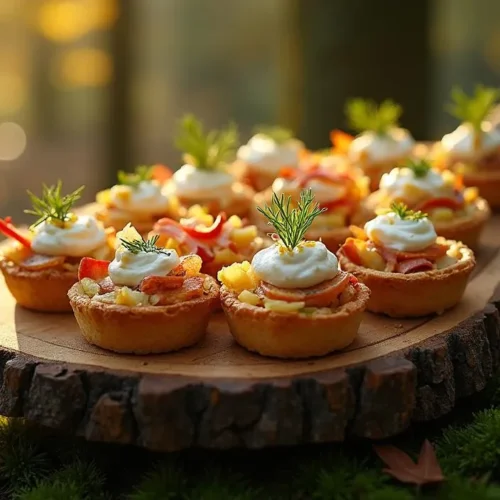 A cozy Norwegian appetizer spread featuring tartlets with pickled herring, apple, and horseradish cream, served on a slate tray with candles and aquavit glasses.