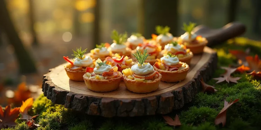 A cozy Norwegian appetizer spread featuring tartlets with pickled herring, apple, and horseradish cream, served on a slate tray with candles and aquavit glasses.