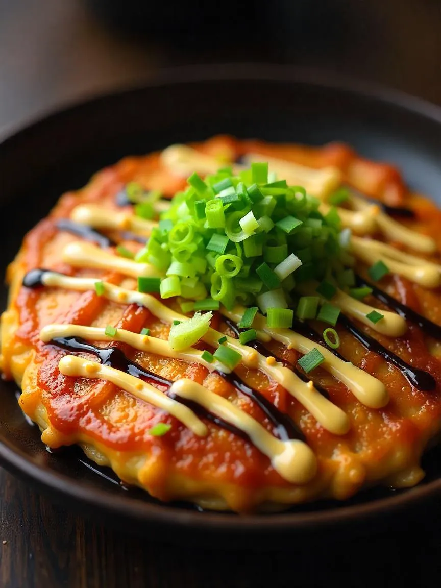 Homemade Osaka-style okonomiyaki garnished with green onions, bonito flakes, and Japanese mayo, presented in a cozy dining setting.