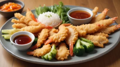 A plate of Japanese shrimp tempura with golden, crispy batter, served alongside a small bowl of dipping sauce, showcasing the light and airy texture of the fried crust atop plump shrimp tails.