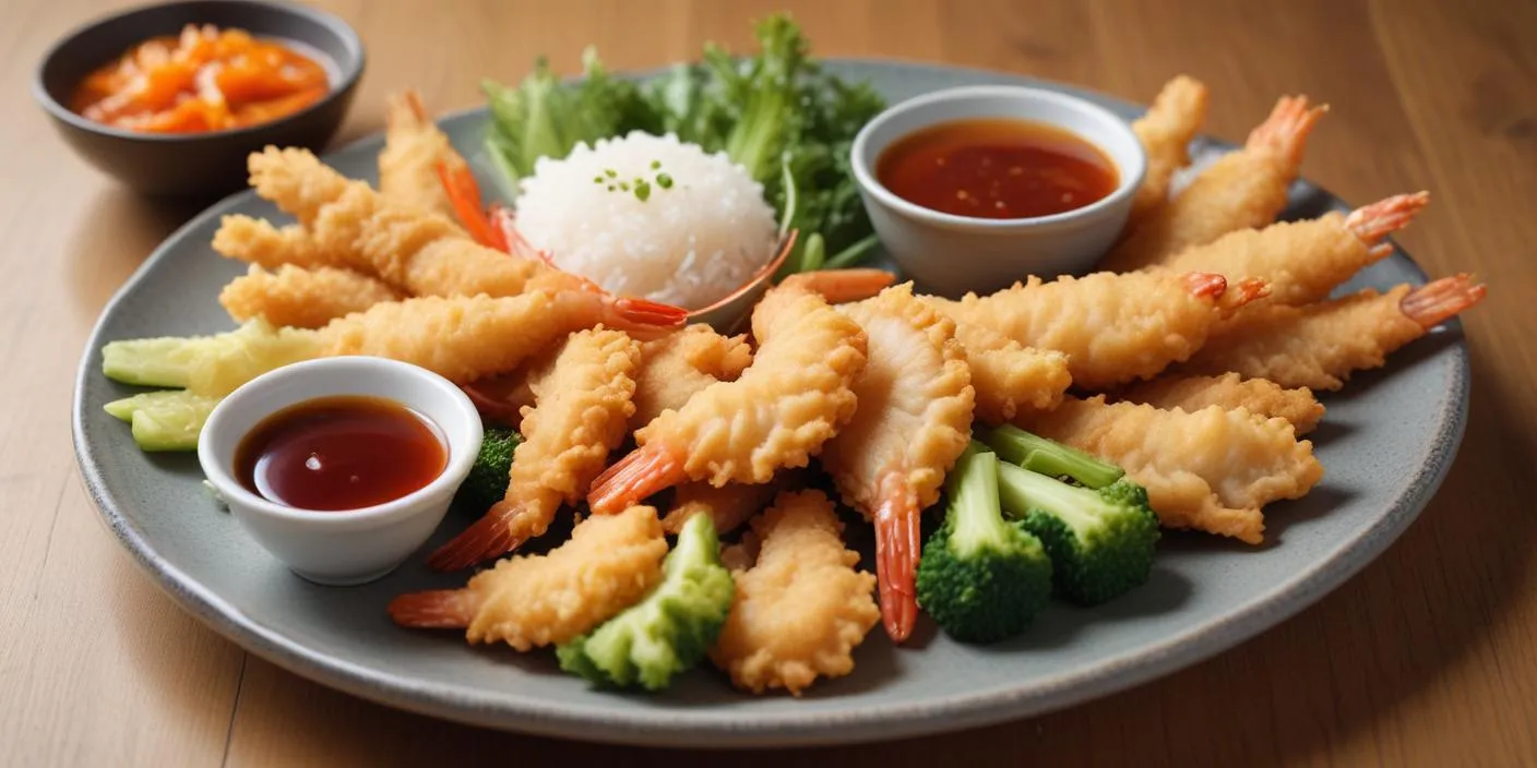 A plate of Japanese shrimp tempura with golden, crispy batter, served alongside a small bowl of dipping sauce, showcasing the light and airy texture of the fried crust atop plump shrimp tails.