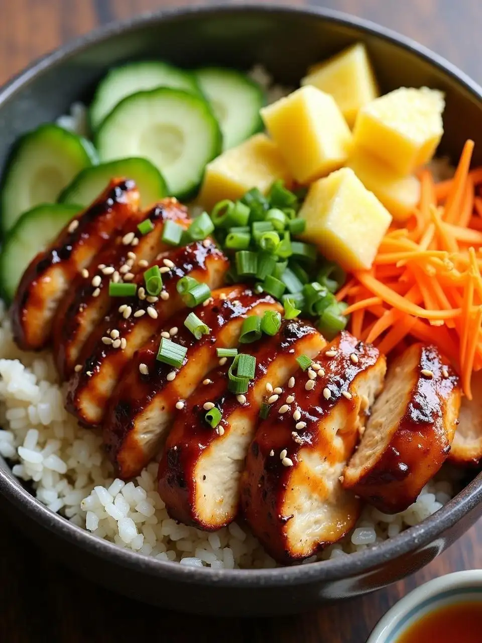 Poke bowl with teriyaki-glazed grilled chicken, avocado, cucumber, carrots, pineapple, sesame seeds, and green onions over rice.
